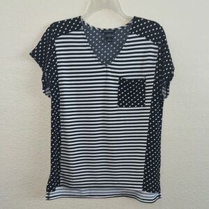 Notations Navy and White Striped Polka Dot Top